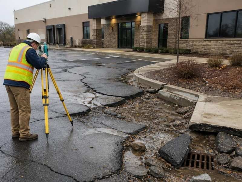 Topographic survey documenting storm damaged parking lot and drainage issues in San Antonio Texas