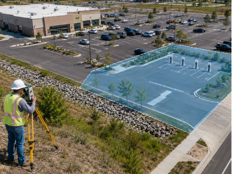 Land surveyor measuring a proposed ground lease area for a high-capacity EV charging site at a commercial property.
